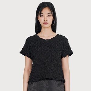For Good Women's Black Floral Lace Crochet Texture Short Sleeve Crop Top Small